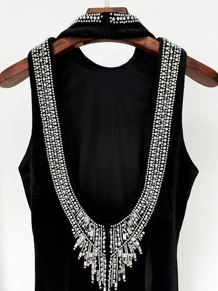 Sexy Exquisitely Beaded Classic Halterneck Velvet MAXI Dress