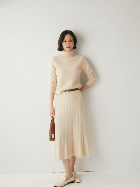 100%*Alxa Cashmere Pullover Sweater+Pleated Autumn Winter MIDI Skirt Set