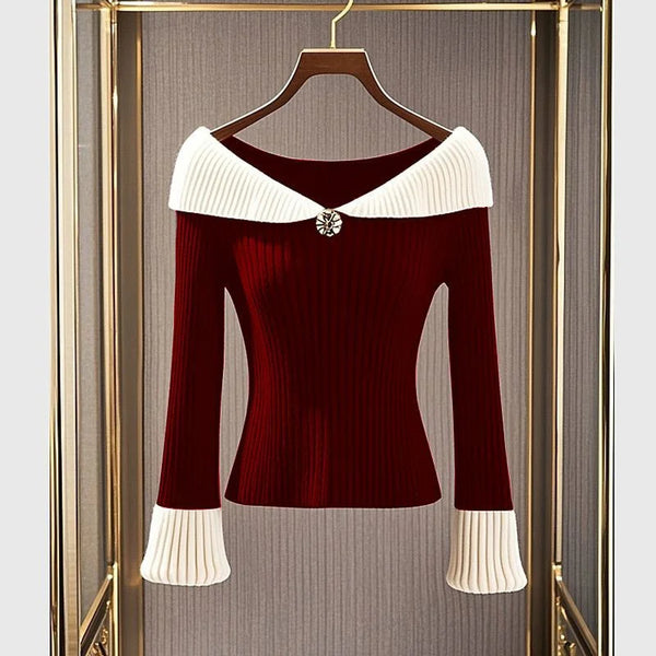 Sexy Elegant Color Blocked Pullover Knit Sweater