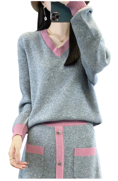 100% Merino Wool 2 Piece Color Block Sweater+ MAXI Skirt Set