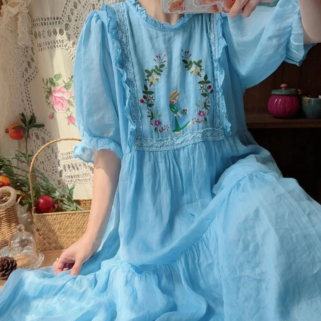 Elegant Upscale Embroidered 100% Ramie A-Line MIDI Dress