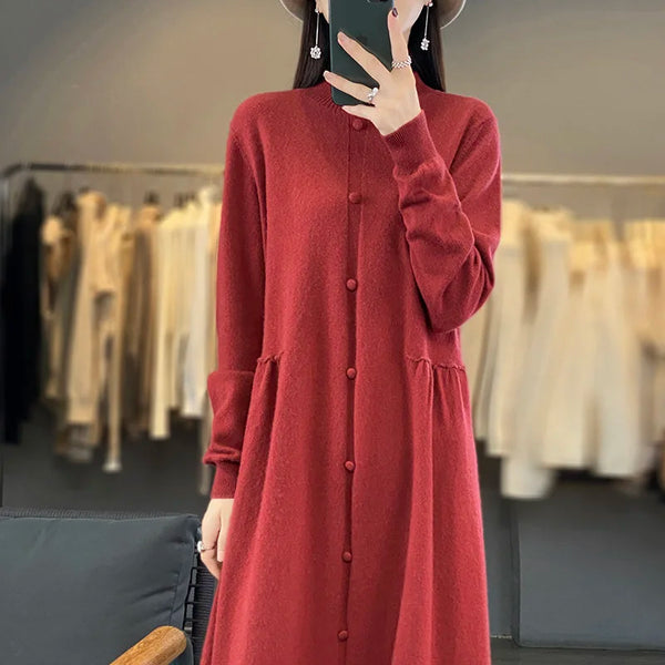 100% Cashmere + 100% Wool Knit Long-Sleeved MAXI Dress