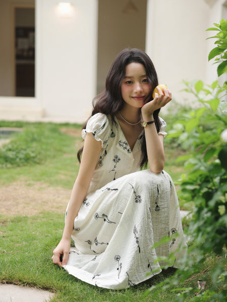 Minimalist Linen Blend A-Line Embroidered French Floral MIDI Dress