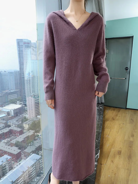 100% Mink Cashmere Hooded Knit Pullover Winter MAXI Sweater Dress