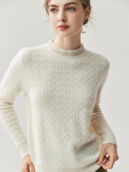 Classic French Minimalist 100% Cashmere Beaded Cable Knit Sweater