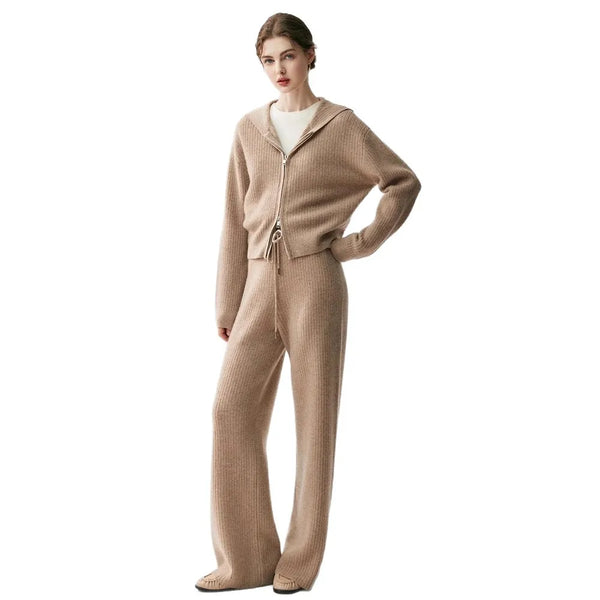 Ultra Soft 100% Grade Alxa Cashmere Hooded Cardigan+Palazzo Pants Set