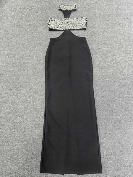 Sexy Halter Neck Cotton Blend Rhinestone MAXI Bodycon Party Dress