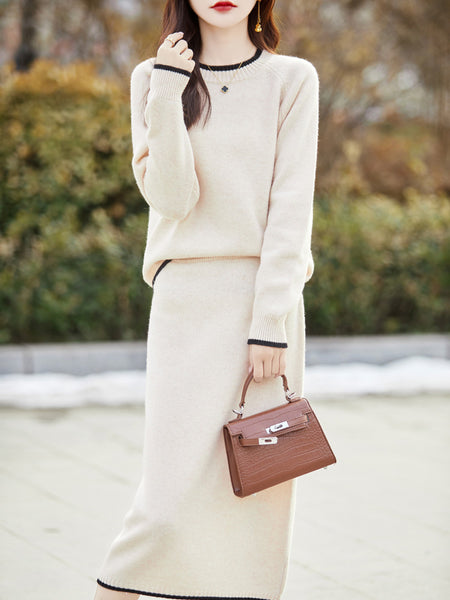 100% Extra Fine 2 Piece Merino Wool Pullover Sweater + MIDI Skirt Set