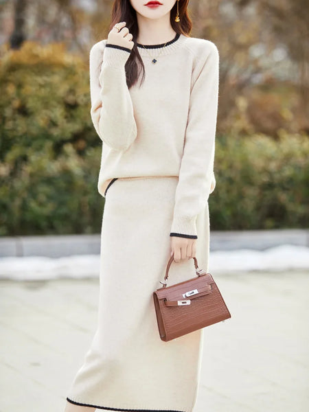 100% Extra Fine 2 Piece Merino Wool Pullover Sweater + MIDI Skirt Set