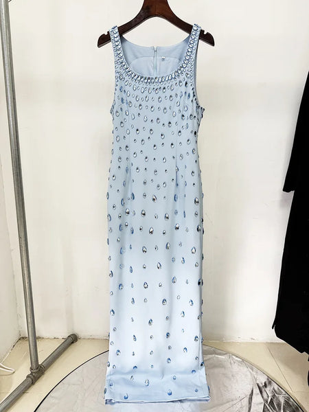 Sleek Tastefully Beaded Cotton Blend Party MAXI Dress