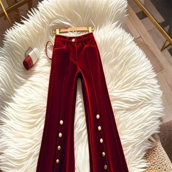 Cotton Blend High-Waisted Retro Flared Winter Velvet Pants