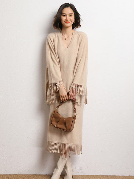 Roomy 2 Piece 100% Cashmere Tasseled Bohemian Sweater+MIDI Skirt Set