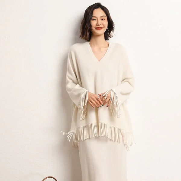 Roomy 2 Piece 100% Cashmere Tasseled Bohemian Sweater+MIDI Skirt Set