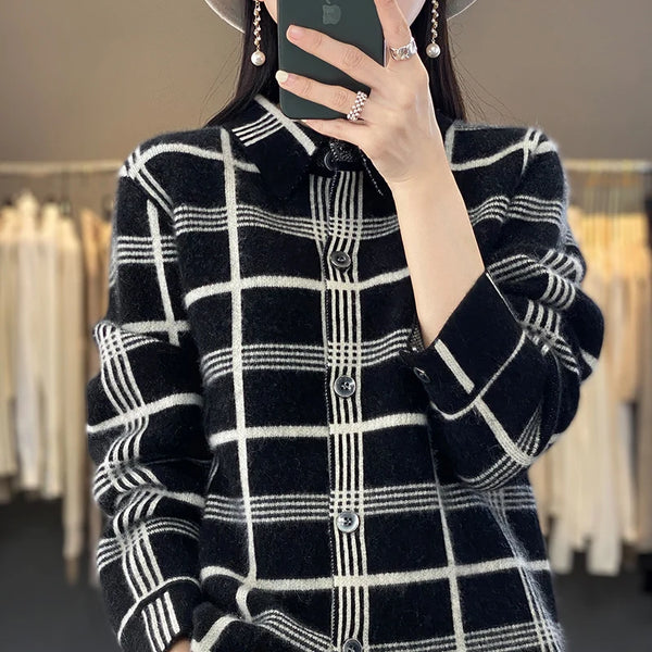 100% Cashmere Single Breasted Plaid Cardigan Sweater