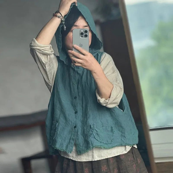 Unique Edgy 100% Linen Lightweight Summer Hoodie Vest - Wigging It Etc