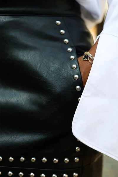 British Style Femme Fatale PLUS Size Studded Faux Leather MIDI Skirt
