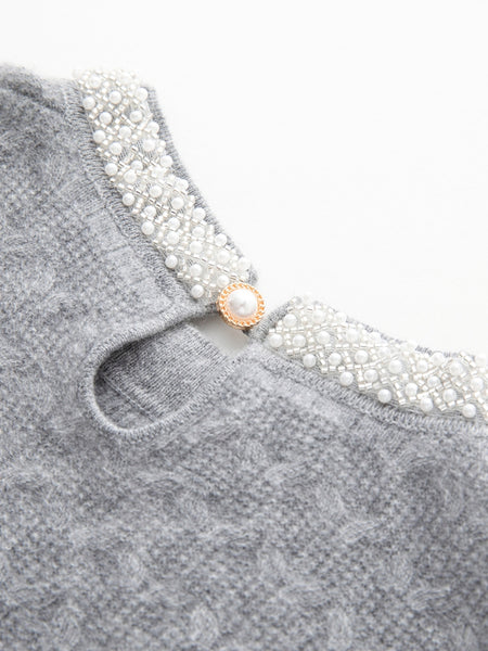 Classic French Minimalist 100% Cashmere Beaded Cable Knit Sweater