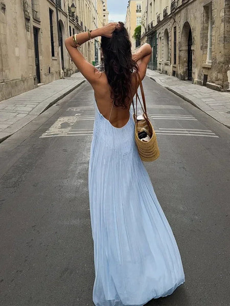 Vintage Sexy Pleated Plunging Back Bohemian MAXI Dress
