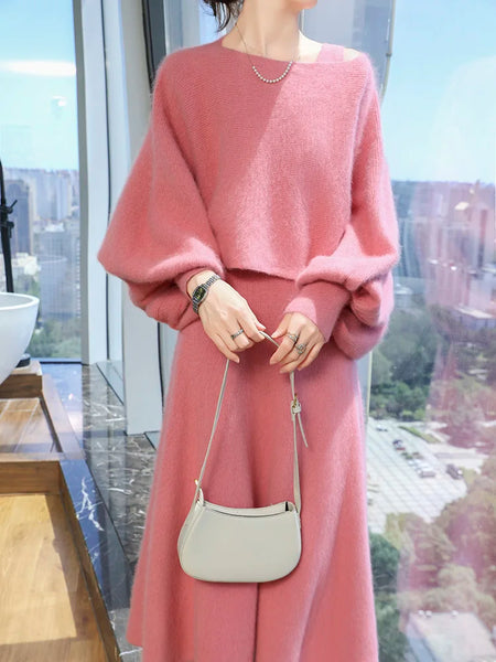 Vintage Plush 100% Mink Cashmere A-Line Dress+Cropped Sweater Set