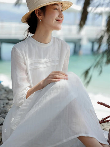 100% Ramie Pleated Double Layer Lace-Up MAXI Dress