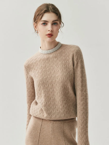 Classic French Minimalist 100% Cashmere Beaded Cable Knit Sweater