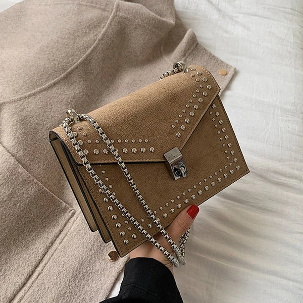 Versatile Rivet-Adorned Chain-Strapped Crossbody + Shoulder Bag