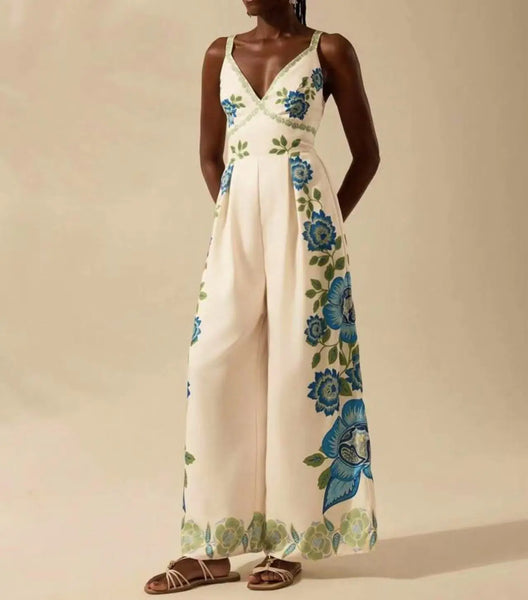 Simple Playful English Style V-Neck Palazzo Jumpsuit