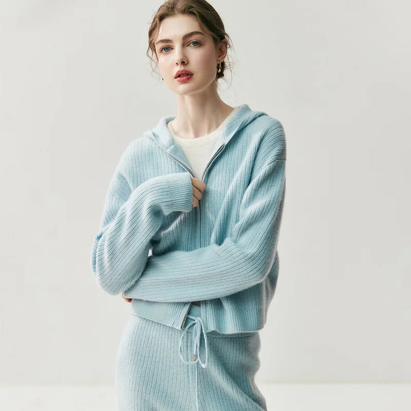 Ultra Soft 100% Grade Alxa Cashmere Hooded Cardigan+Palazzo Pants Set