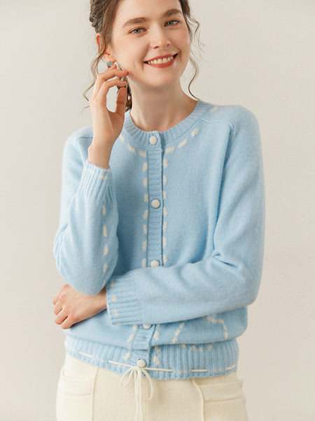 100% Cashmere String-Piped Densely Knit Warm Cardigan