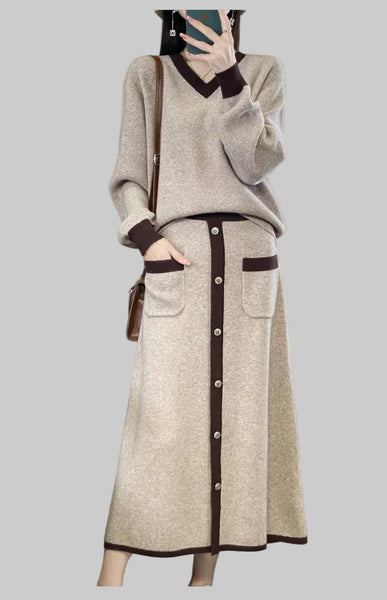 100% Merino Wool 2 Piece Color Block Sweater+ MAXI Skirt Set