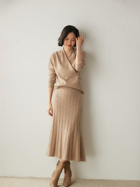 100%*Alxa Cashmere Pullover Sweater+Pleated Autumn Winter MIDI Skirt Set