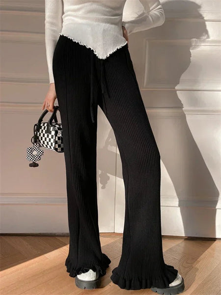 Funky Ribbed Knit Cotton Blend Flared Palazzo Winter Pants - Wigging It Etc