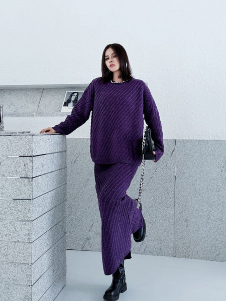 2 Piece Cotton Blend Oversized Pullover Sweater+MAXI Skirt Set