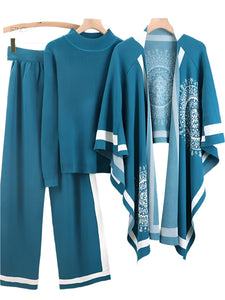 Comfy 3-Piece Vintage Pullover Shawl+Sweater+Palazzo Pants Knit Set 