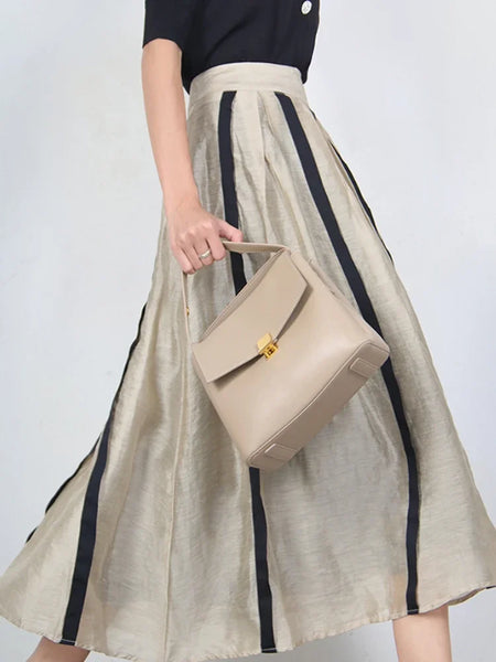 Elegant French Style Pleated A-Line MIDI Linen Blend Skirt