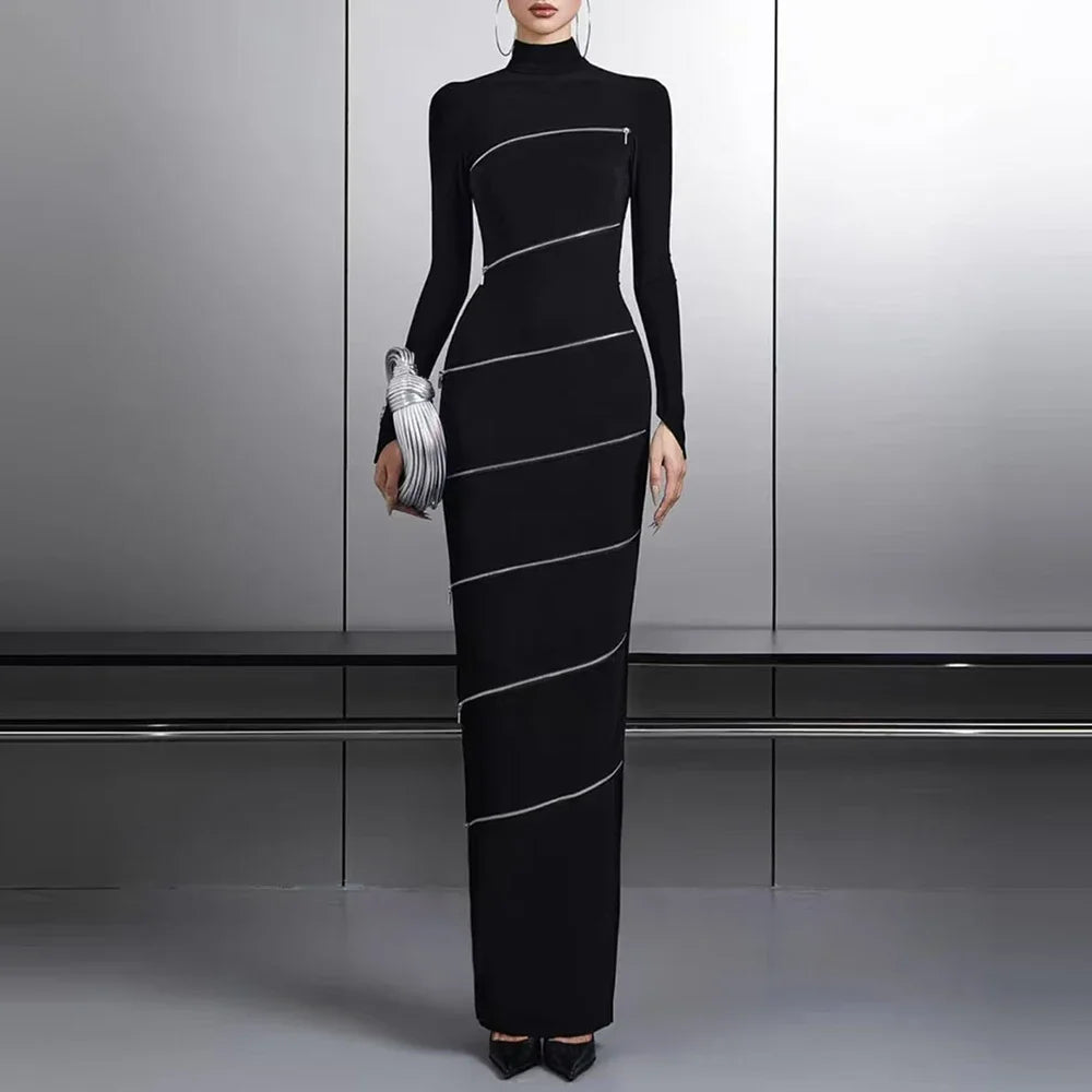 Sexy Zippy Cotton Blend Bodycon Figure Hugging Party|Club MAXI Dress