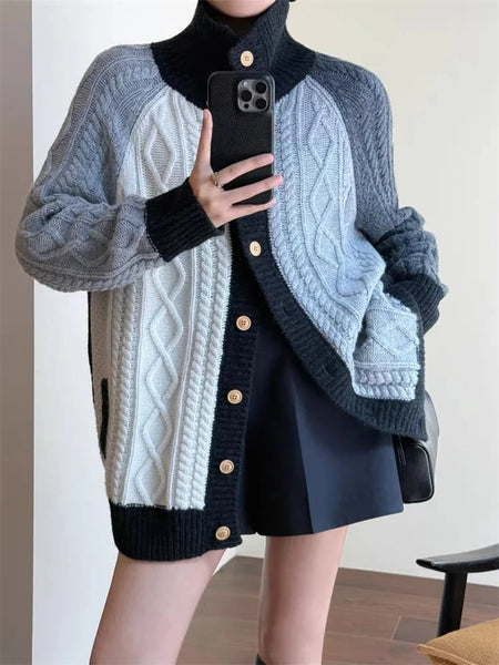 100% Merino Wool Intricately Twisted Patchwork Multicolored Cardigan