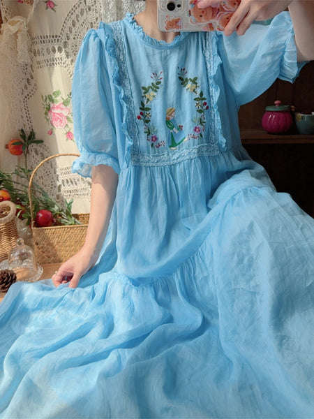Elegant Upscale Embroidered 100% Ramie A-Line MIDI Dress