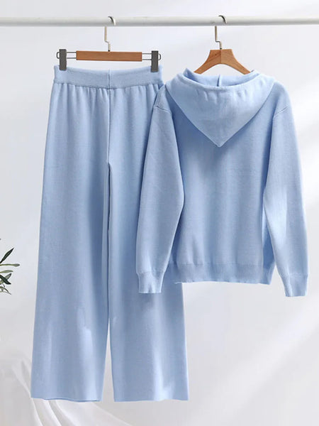 2-Piece Cotton-Blend Casual-Chic Hooded Knit Top + Palazzo Pants Set