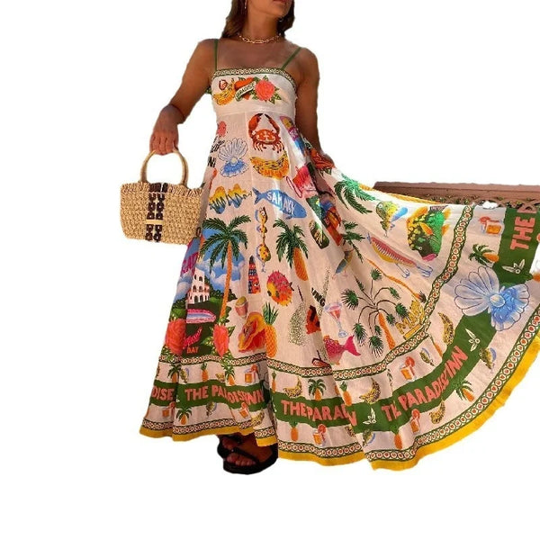 100% Linen A-Line Retro Floral Print Maxi Sundress