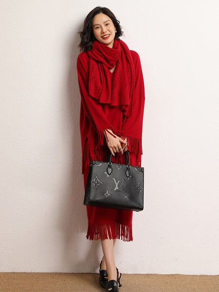 Roomy 2 Piece 100% Cashmere Tasseled Bohemian Sweater+MIDI Skirt Set