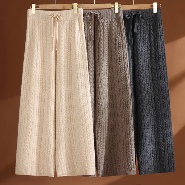 100% Merino Wool Thick + Fluffy Cable Knit Warm Winter Palazzo Pants