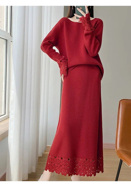 2 Piece Vintage Elegant 100% Wool Sweater+MAXI Skirt Set - Wigging It Etc