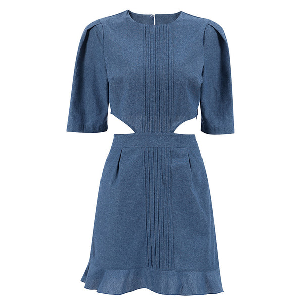 Vintage Cotton Denim Cut-Out Ruched MINI Dress