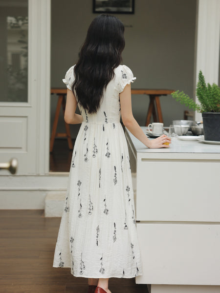 Minimalist Linen Blend A-Line Embroidered French Floral MIDI Dress