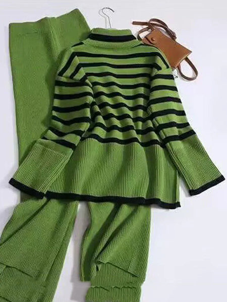 2 Piece Cotton Blend Turtleneck Flare-Sleeved Sweater + Palazzo Pants Set