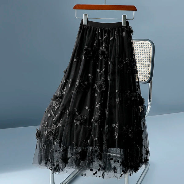 Unique 3D Flowered A-Line Tulle Harajuku Skirt