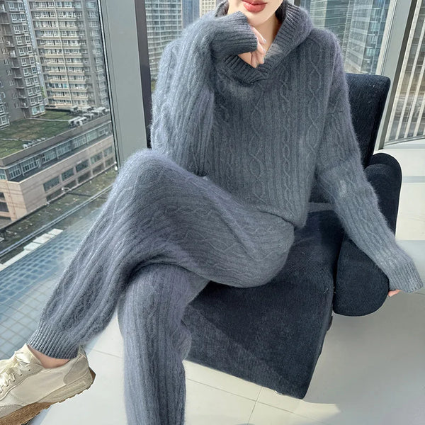 Super Thick Warm 2 Piece 100% Wool Hoodie+Pencil Pants Set