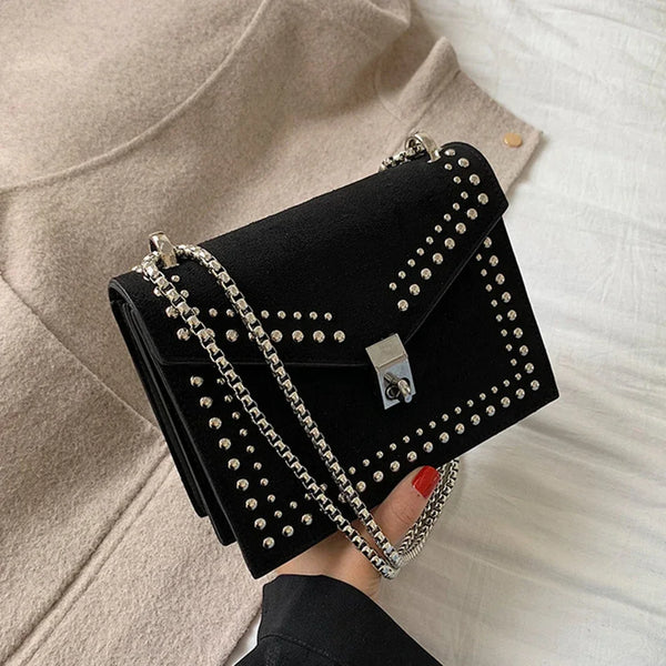 Versatile Rivet-Adorned Chain-Strapped Crossbody + Shoulder Bag