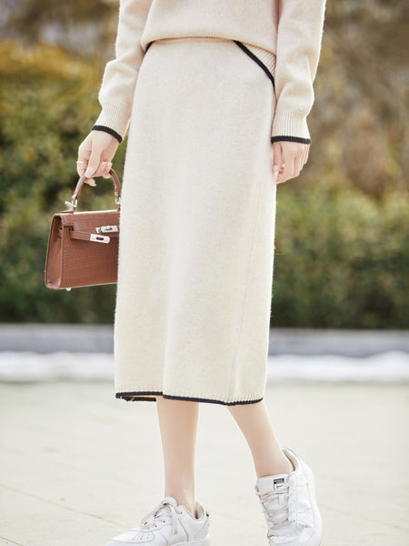 100% Extra Fine 2 Piece Merino Wool Pullover Sweater + MIDI Skirt Set